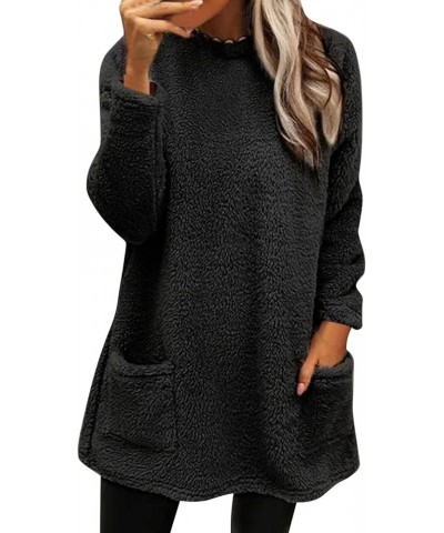 Women's Fleece Sweatshirts Long Sleeve Hoodless Pullover Tops Winter Warm Coat With Pockets Solid Color Clothes Black-k $3.74...