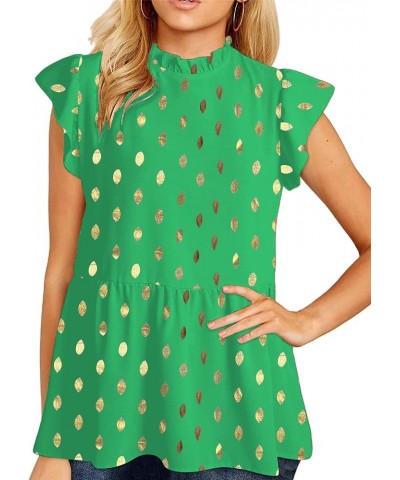 Women Ruffle Sleeve Babydoll Top Loose Blouse Shirt Tunic Tops Gold Dot Green $10.25 Blouses