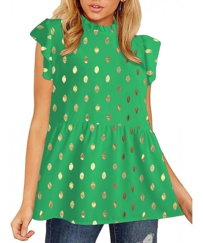 Women Ruffle Sleeve Babydoll Top Loose Blouse Shirt Tunic Tops Gold Dot Green $10.25 Blouses