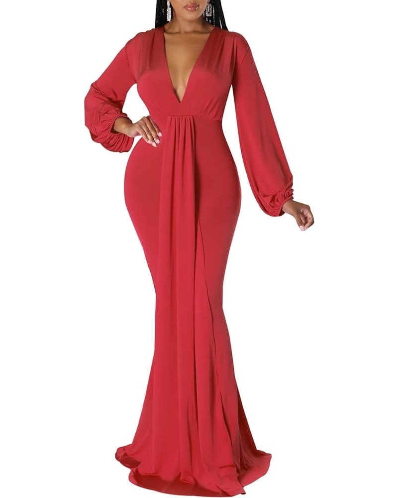 Sexy Floral Maxi Dress for Women Deep V-Neck Long Sleeve Casual Long Party Dress Red-f $26.99 Dresses