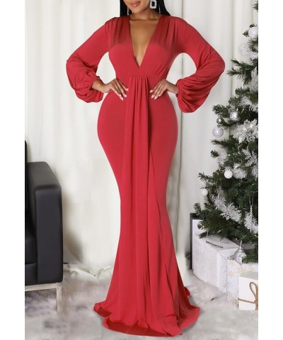 Sexy Floral Maxi Dress for Women Deep V-Neck Long Sleeve Casual Long Party Dress Red-f $26.99 Dresses