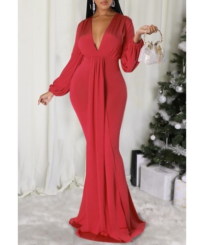 Sexy Floral Maxi Dress for Women Deep V-Neck Long Sleeve Casual Long Party Dress Red-f $26.99 Dresses