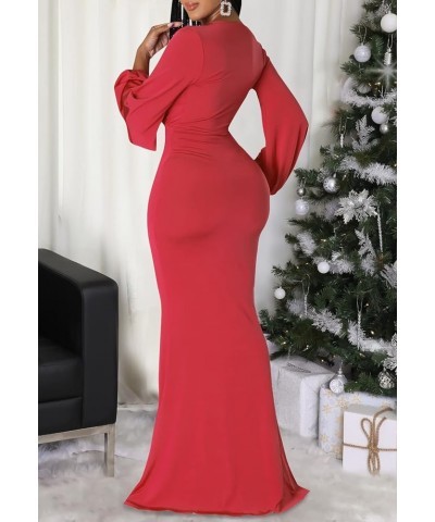 Sexy Floral Maxi Dress for Women Deep V-Neck Long Sleeve Casual Long Party Dress Red-f $26.99 Dresses