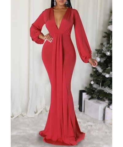 Sexy Floral Maxi Dress for Women Deep V-Neck Long Sleeve Casual Long Party Dress Red-f $26.99 Dresses