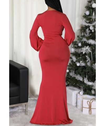 Sexy Floral Maxi Dress for Women Deep V-Neck Long Sleeve Casual Long Party Dress Red-f $26.99 Dresses