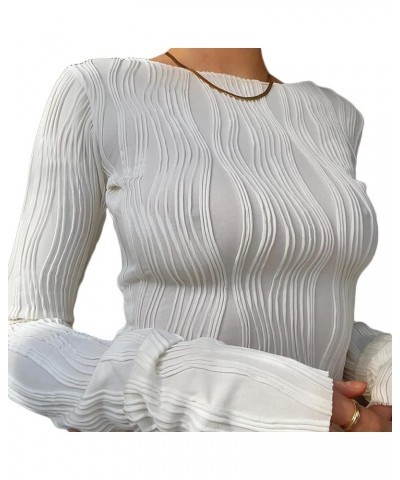 Womens Y2K Tops Flare SleeveButton Down Shirts Drawstring Pleated Blouses Streetwear Sexy Party Club Wear E-white $10.00 Blouses