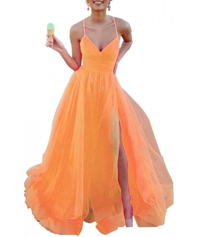 Women's Tulle Bridesmaid Dress Long V Neck A Line Formal Evening Gown with Slit Ball Gown RPM219 Orange $39.95 Dresses