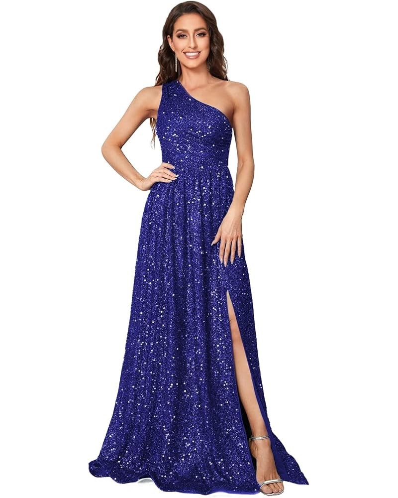 Sparkly One Shoulder Sequin Prom Dresses for Women Side Slit A Line Long Formal Evening Cocktail Gowns for Teens PU005 Royal ...