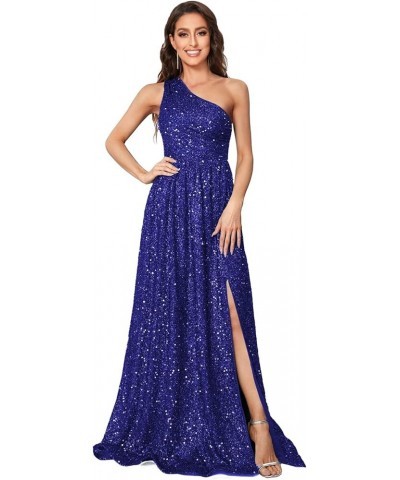 Sparkly One Shoulder Sequin Prom Dresses for Women Side Slit A Line Long Formal Evening Cocktail Gowns for Teens PU005 Royal ...