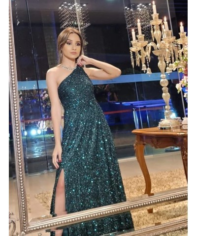 Sparkly One Shoulder Sequin Prom Dresses for Women Side Slit A Line Long Formal Evening Cocktail Gowns for Teens PU005 Royal ...