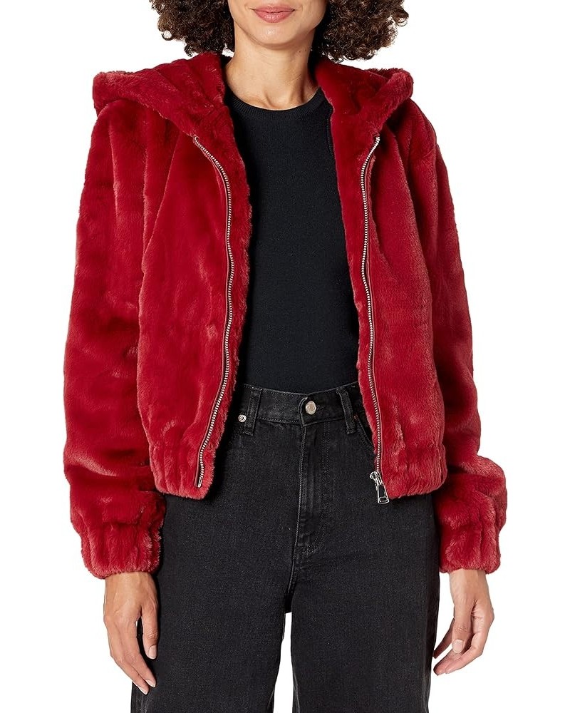 Women's Sloane Faux Fur Zip Front Hooded Bomber Jacket Rhubarb $38.81 Coats