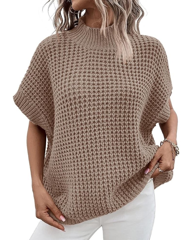 Women's Mock Neck Knit Sweater Vest Batwing Sleeve Pullover Knit Sweaters Summer Ribbed Tank Tops Khaki $10.25 Sweaters