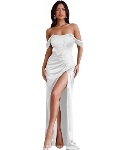 Off Shoulder Satin Bridesmaid Dresses Mermaid Pleated Prom Dresses High Slit Formal Evening Gowns White $27.94 Dresses