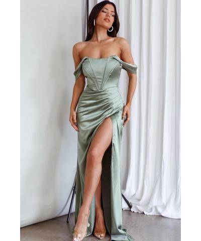 Off Shoulder Satin Bridesmaid Dresses Mermaid Pleated Prom Dresses High Slit Formal Evening Gowns White $27.94 Dresses