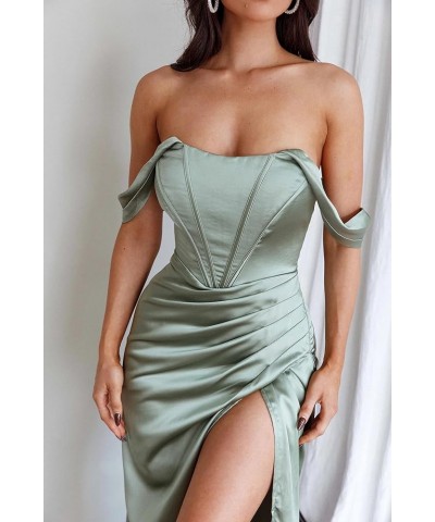 Off Shoulder Satin Bridesmaid Dresses Mermaid Pleated Prom Dresses High Slit Formal Evening Gowns White $27.94 Dresses