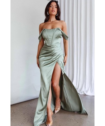 Off Shoulder Satin Bridesmaid Dresses Mermaid Pleated Prom Dresses High Slit Formal Evening Gowns White $27.94 Dresses