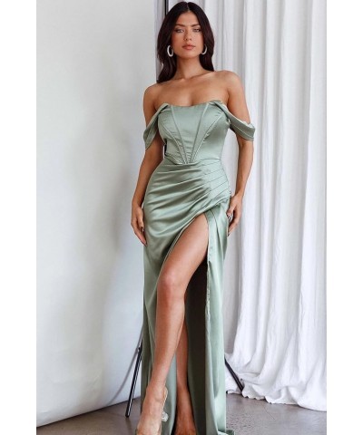 Off Shoulder Satin Bridesmaid Dresses Mermaid Pleated Prom Dresses High Slit Formal Evening Gowns White $27.94 Dresses