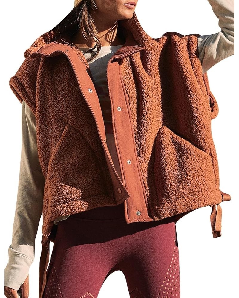 Women's Fleece Vest Sleeveless Button Down Vests Casual Sherpa Jacket Winter Outerwear with Pockets Rust $23.64 Vests