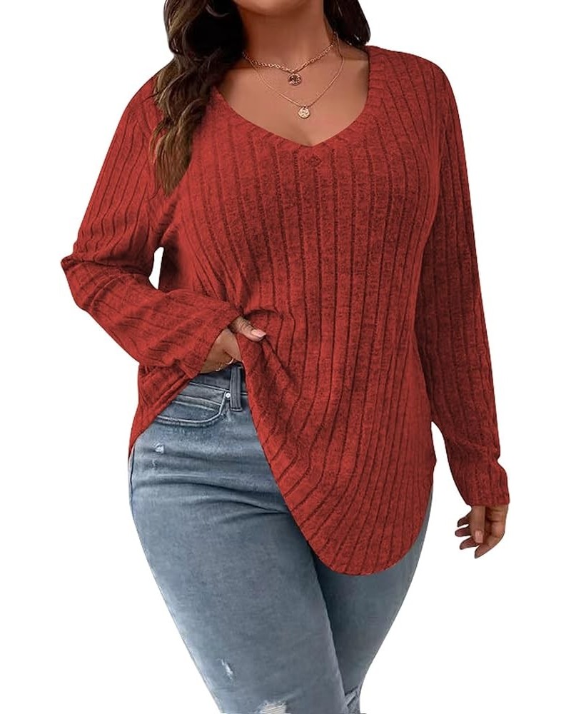 Women Plus Size Fitted Sweaters Fall Winter 2023 Cute Pullover V Neck Knit Sweater Long Sleeve Basic Tops Shirt Jumper Red $1...