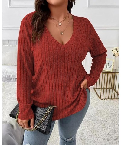 Women Plus Size Fitted Sweaters Fall Winter 2023 Cute Pullover V Neck Knit Sweater Long Sleeve Basic Tops Shirt Jumper Red $1...