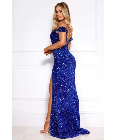 Off Shoulder Mermaid Prom Dresses for Women 2023 Sparkly Sequins High Slit Formal Evening Gowns CR004 A-light Blue $35.74 Dre...