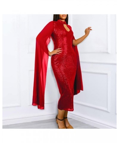 Long Sleeve Round Neck Patchwork Plain Women's Bodycon Dress Flare Sleeve Midi Dress Red Sequin $23.65 Dresses