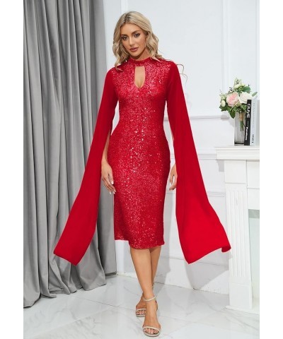 Long Sleeve Round Neck Patchwork Plain Women's Bodycon Dress Flare Sleeve Midi Dress Red Sequin $23.65 Dresses