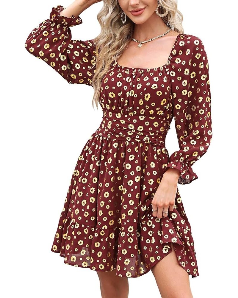 Women's 2024 Casual Long Lantern Sleeve Dresses Square Neck Ruffle Tie Back Elastic Waist Aline Short Mini Dress Wine Gold $2...