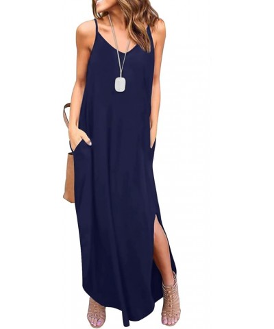 Women's Summer Casual Sleeveless V Neck Strappy Split Loose Dress Beach Cover Up Long Cami Maxi Dresses with Pocket Dark Blue...