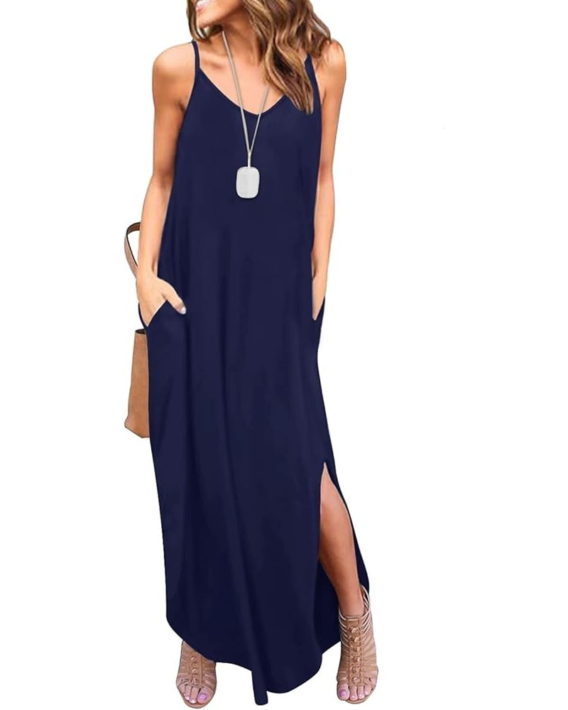 Women's Summer Casual Sleeveless V Neck Strappy Split Loose Dress Beach Cover Up Long Cami Maxi Dresses with Pocket Dark Blue...