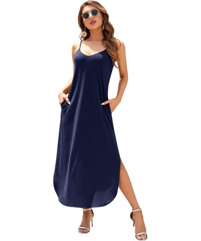 Women's Summer Casual Sleeveless V Neck Strappy Split Loose Dress Beach Cover Up Long Cami Maxi Dresses with Pocket Dark Blue...