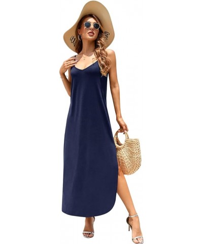 Women's Summer Casual Sleeveless V Neck Strappy Split Loose Dress Beach Cover Up Long Cami Maxi Dresses with Pocket Dark Blue...