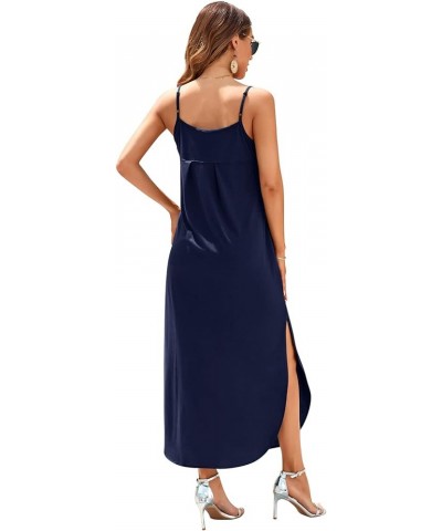 Women's Summer Casual Sleeveless V Neck Strappy Split Loose Dress Beach Cover Up Long Cami Maxi Dresses with Pocket Dark Blue...