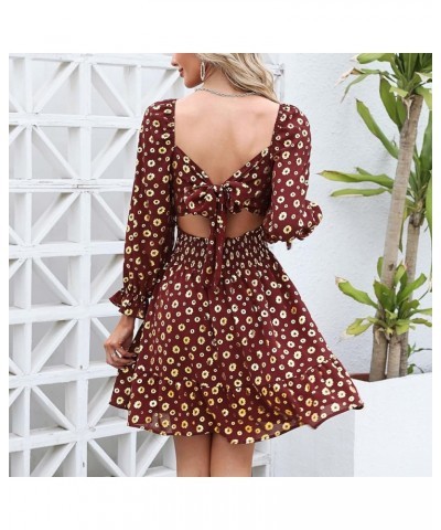 Women's 2024 Casual Long Lantern Sleeve Dresses Square Neck Ruffle Tie Back Elastic Waist Aline Short Mini Dress Wine Gold $2...