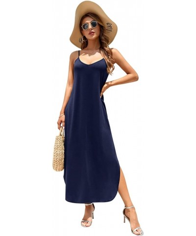 Women's Summer Casual Sleeveless V Neck Strappy Split Loose Dress Beach Cover Up Long Cami Maxi Dresses with Pocket Dark Blue...