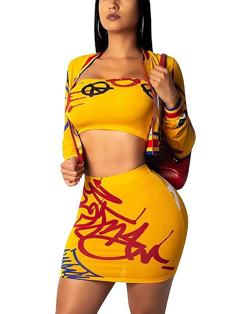 Women's Sexy 2 Piece Suits Crop Top Mini Skirt Bodycon Clubwear Dresses Sets Yellow $14.08 Suits