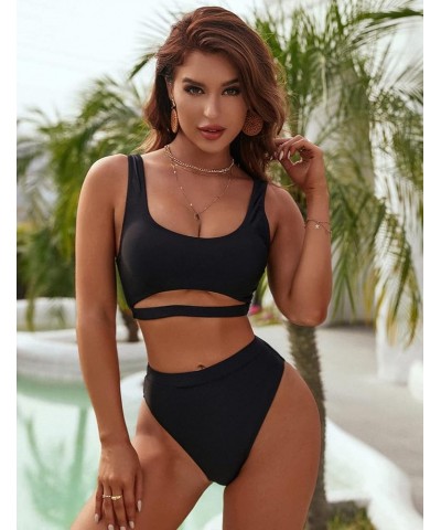 Women's High Waisted Bikini Sets High Cut Bathing Suits Two Piece Sporty Cut Out Swimsuits Black $15.20 Swimsuits