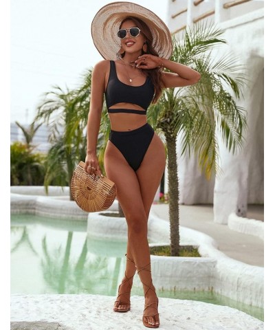 Women's High Waisted Bikini Sets High Cut Bathing Suits Two Piece Sporty Cut Out Swimsuits Black $15.20 Swimsuits