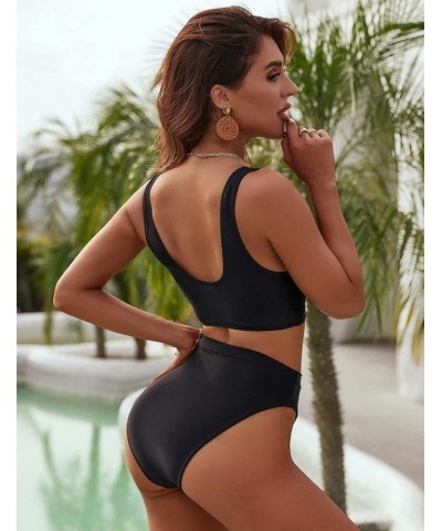 Women's High Waisted Bikini Sets High Cut Bathing Suits Two Piece Sporty Cut Out Swimsuits Black $15.20 Swimsuits