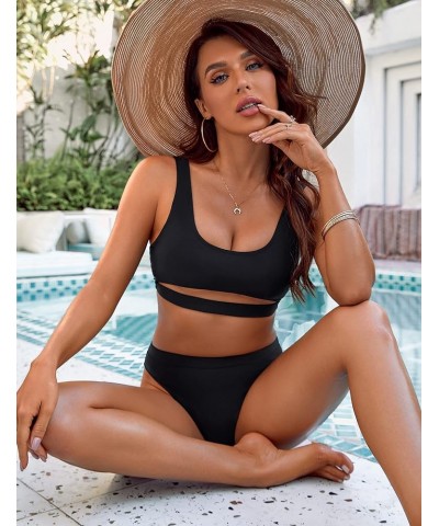 Women's High Waisted Bikini Sets High Cut Bathing Suits Two Piece Sporty Cut Out Swimsuits Black $15.20 Swimsuits