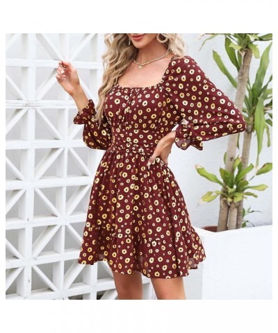 Women's 2024 Casual Long Lantern Sleeve Dresses Square Neck Ruffle Tie Back Elastic Waist Aline Short Mini Dress Wine Gold $2...