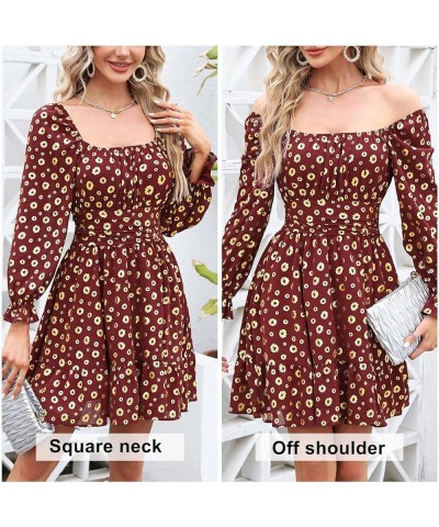 Women's 2024 Casual Long Lantern Sleeve Dresses Square Neck Ruffle Tie Back Elastic Waist Aline Short Mini Dress Wine Gold $2...