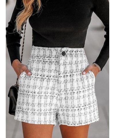 Women Pants Plaid Button High Waist Shorts Wide Leg Mini Pant Casual White $24.50 Pants