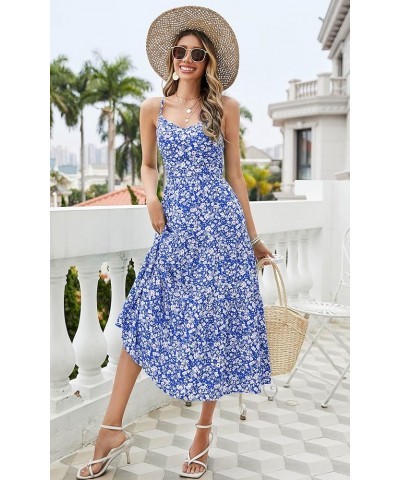 Women's Dresses Floral Adjustable Spaghetti Strap V Neck Boho Long Maxi Dress Summer Beach Flowy Ethnic Sundress 2287 Blue $1...