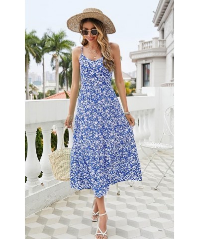 Women's Dresses Floral Adjustable Spaghetti Strap V Neck Boho Long Maxi Dress Summer Beach Flowy Ethnic Sundress 2287 Blue $1...