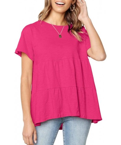 Womens Short Sleeve Casual Loose Blouse High Low Hem Ruffle Peplum T Shirt Tops Rose Red $13.91 Blouses