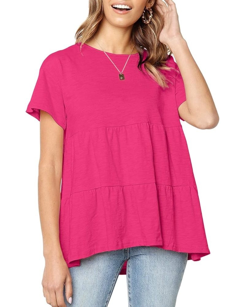 Womens Short Sleeve Casual Loose Blouse High Low Hem Ruffle Peplum T Shirt Tops Rose Red $13.91 Blouses