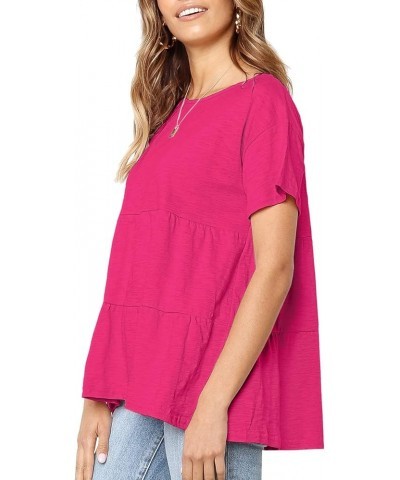 Womens Short Sleeve Casual Loose Blouse High Low Hem Ruffle Peplum T Shirt Tops Rose Red $13.91 Blouses