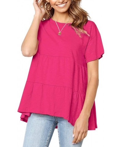 Womens Short Sleeve Casual Loose Blouse High Low Hem Ruffle Peplum T Shirt Tops Rose Red $13.91 Blouses