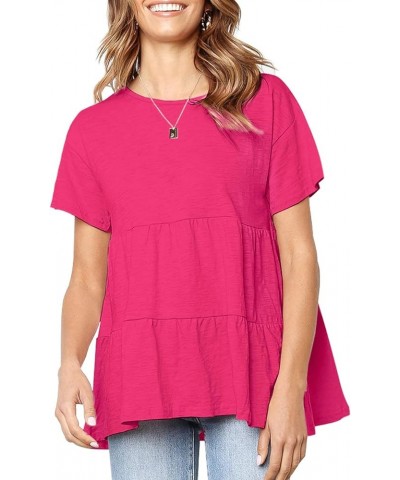 Womens Short Sleeve Casual Loose Blouse High Low Hem Ruffle Peplum T Shirt Tops Rose Red $13.91 Blouses